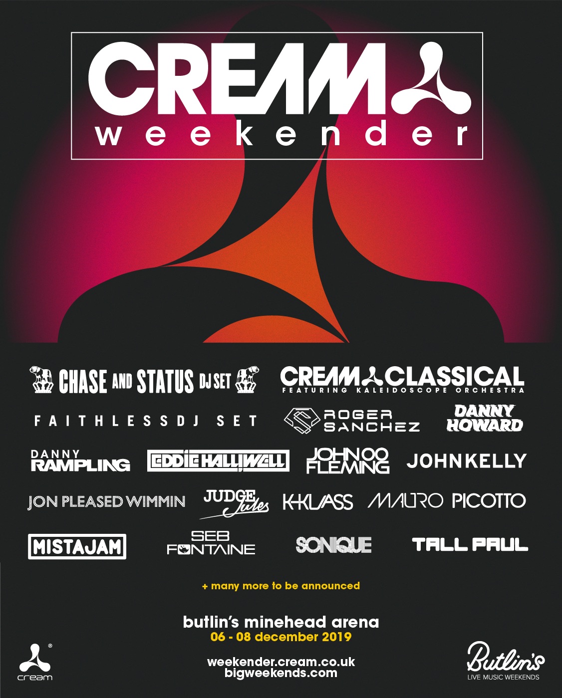 CREAM WEEKENDER 2019 @ BUTLIN’S MINEHEAD ARENA reveals LINEUP!