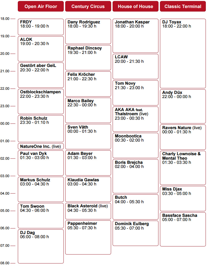 Nature One Timetable Saturday